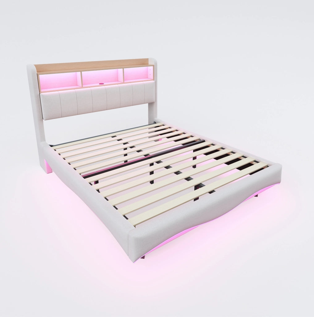 Letto imbottito sospeso 140x200 cm con LED; USB e Type-C; tessuto effetto lino; beige
