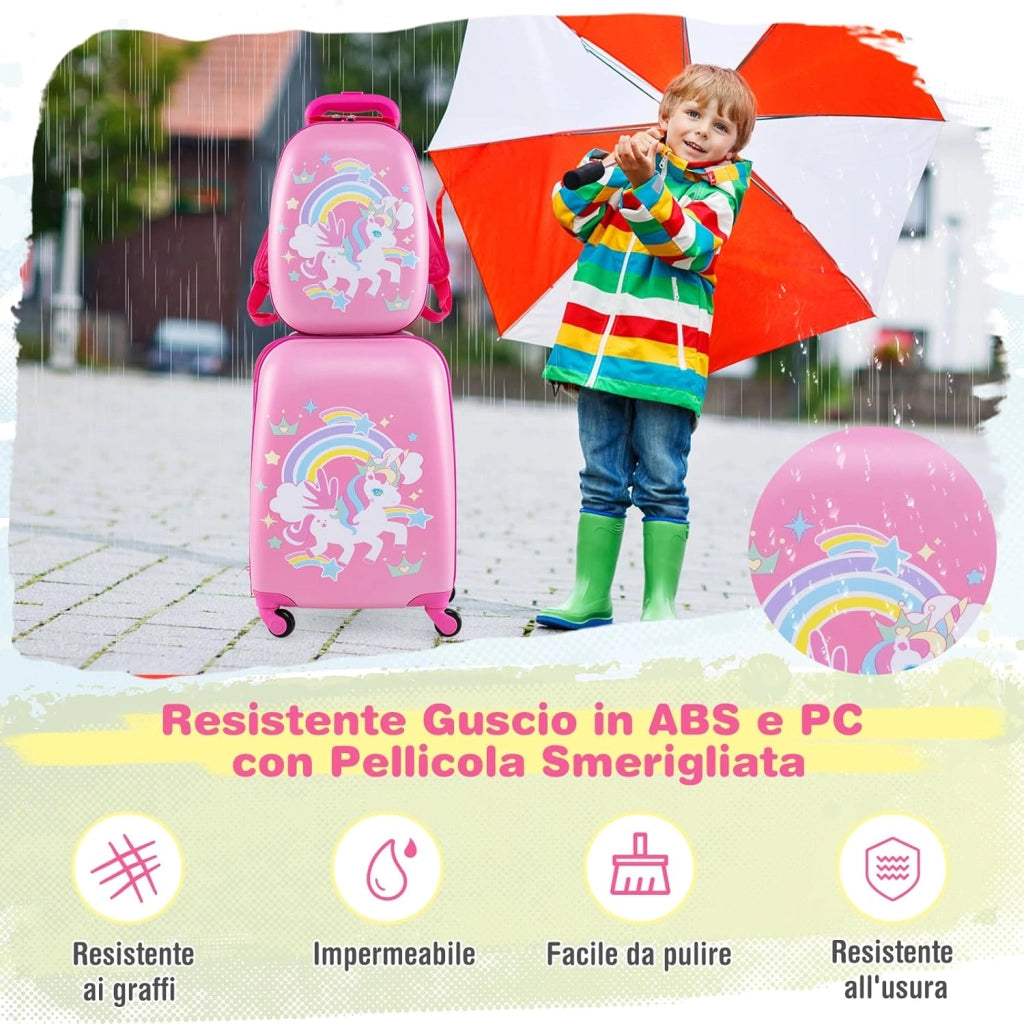 Set di Valigia per Bambini, 16" Valigia+ 12" Zaino, 2 Pezzi, con Ruote Girevoli a 360° e Maniglia Retrattile, Ideale per Viaggiare in Modo Comodo e Divertente (Modello 26)