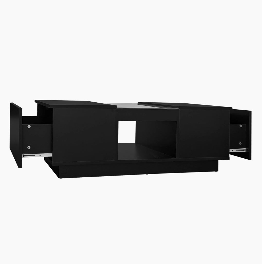 Tavolino basso 100x50x35,5 cm nero in truciolare, LED e 2 cassetti