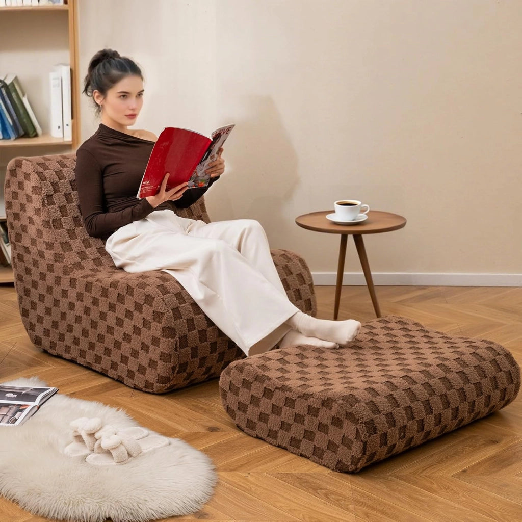 Sedia a Sacco con Pouf, Divano in Spugna ad Alta Elasticità, Fondo Antiscivolo e Copertura in Velluto Lavabile, Comoda Poltrona Pigra per Soggiorno Camera da Letto Sala Lettura (Marrone)