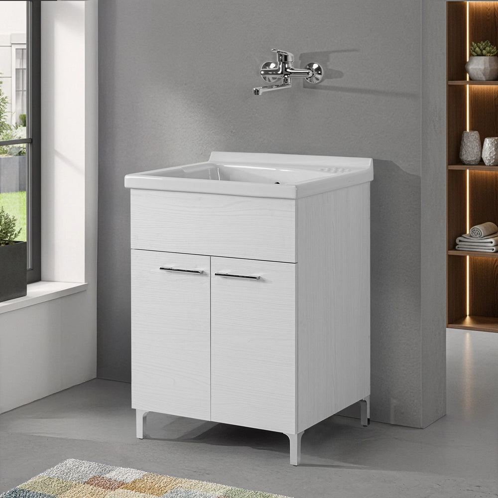 Mobile lavatoio 60x60cm bianco frassino con due ante e vasca in ceramica Revine