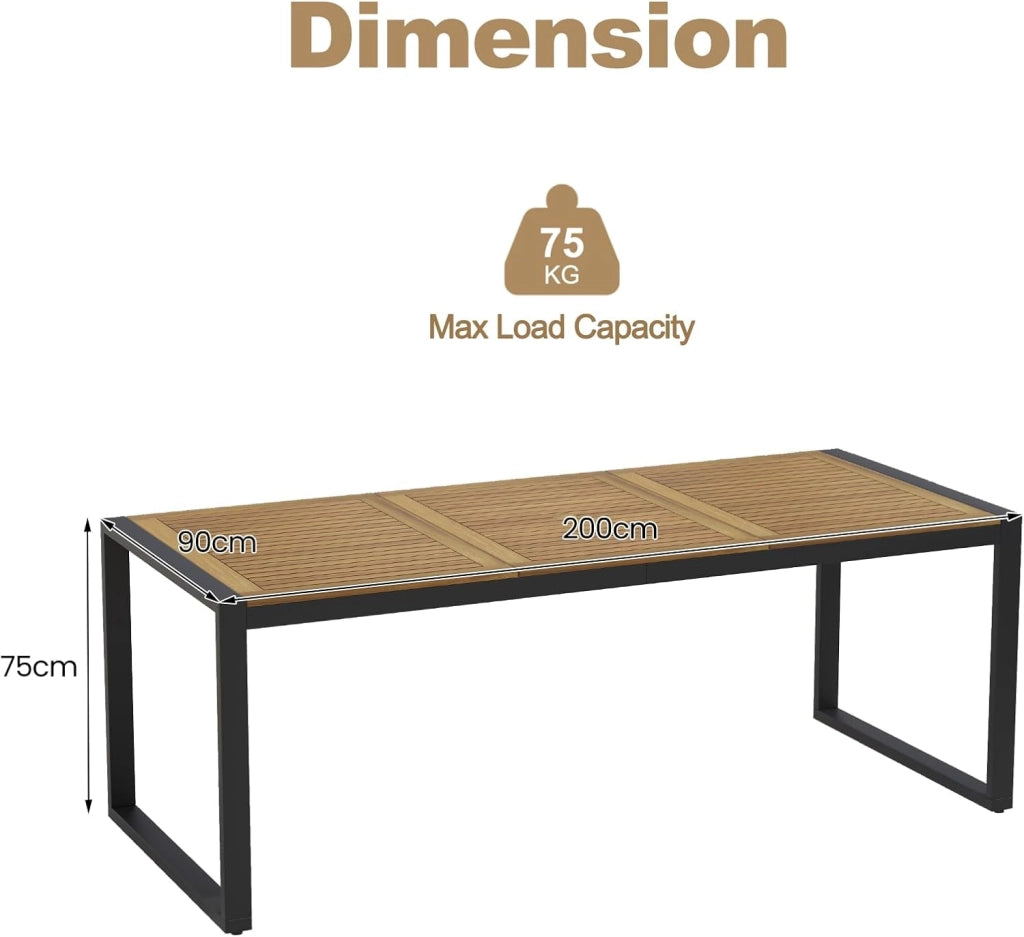 Tavolo da Giardino con Foro per Ombrellone, Tavolo da Pranzo a 8 Posti in Legno di Acacia e Metallo, Tavolo Rettangolare con Piedini Regolabili, per Esterno, Balcone, Cortile, 200x90x75 cm