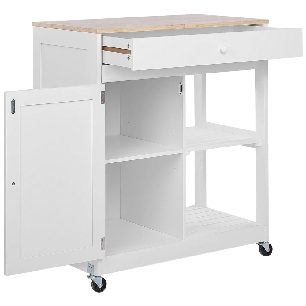 Carrello da cucina MDF bianco legno di gomma 75 x 43 x 87 cm armadio porta asciugamani 2 ripiani posate cassetto ruote