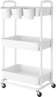 Carrello di archiviazione a tre livelli con bicchieri e maniglie, plastica, pneumatici chiudibili