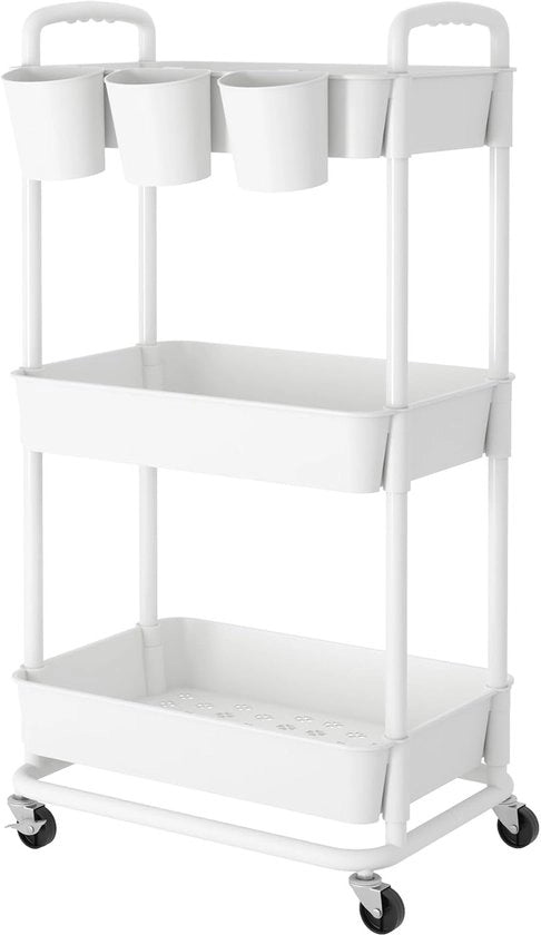 Carrello di archiviazione a tre livelli con bicchieri e maniglie, plastica, pneumatici chiudibili