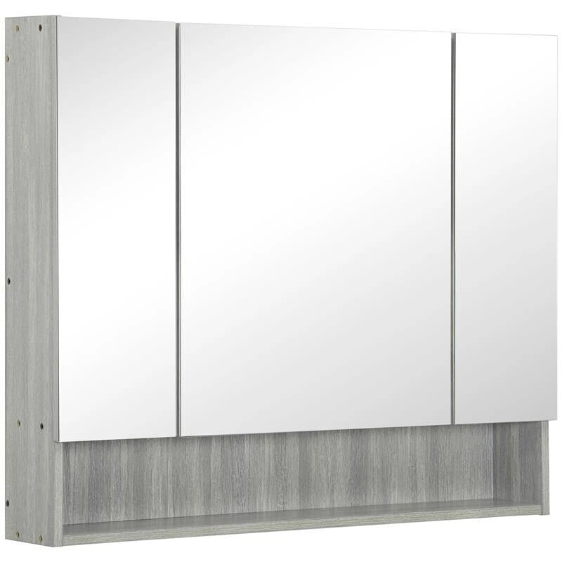 ARMADIETTO CON SPECCHIO A 4 SEZIONI CON RIPIANI REGOLABILI, IN LEGNO E VETRO, 90X15X75 CM, GRIGIO
