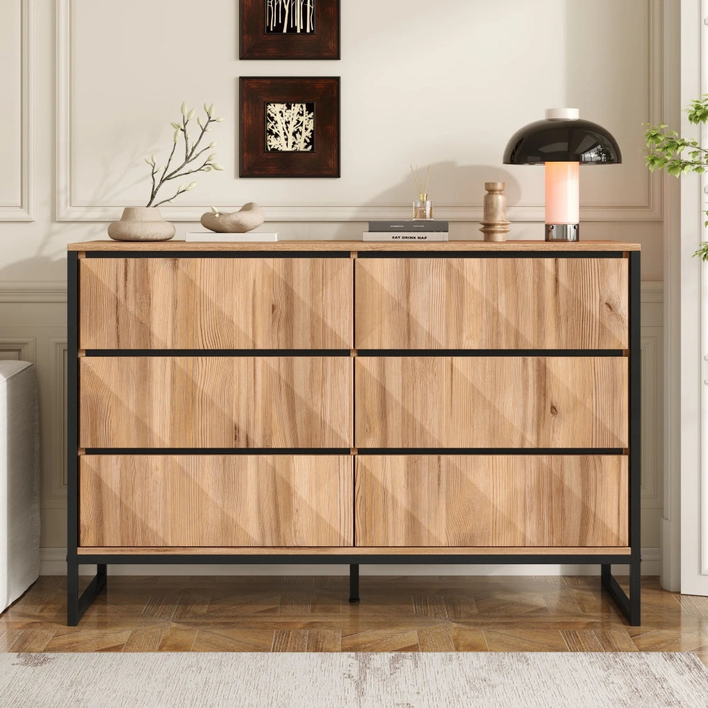 Sideboard e cassettiera, nero e legno naturale, gambe in metallo, ante rialzate