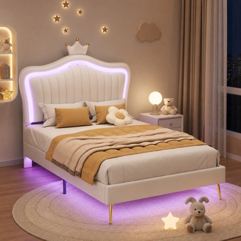 Letto imbottito per bambini 90x200 cm con corona, LED e similpelle bianca