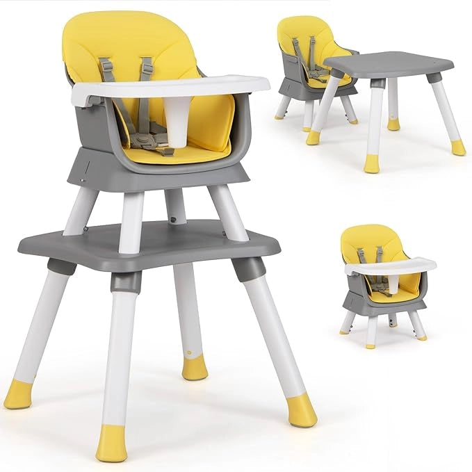 Seggiolone Pappa per Bambini 6 in 1, Seggiolone per Neonati Convertibile, Tavolo per Costruzioni per Bambini, con Imbracatura a 5 Punti, per Bambini da 6 Mesi fino 3 Anni (Giallo+Grigio)