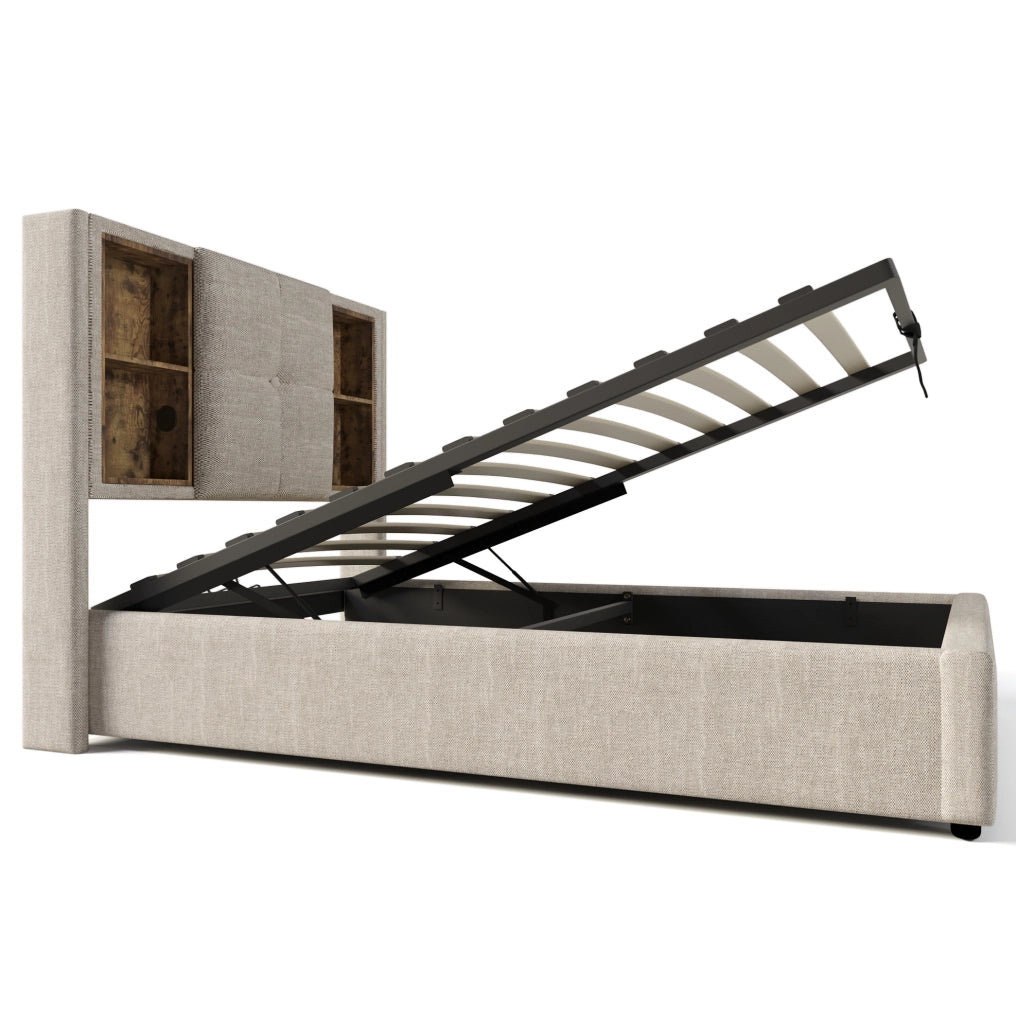 Letto singolo 90x200 cm con ricarica wireless; USB C e contenitore; lino naturale