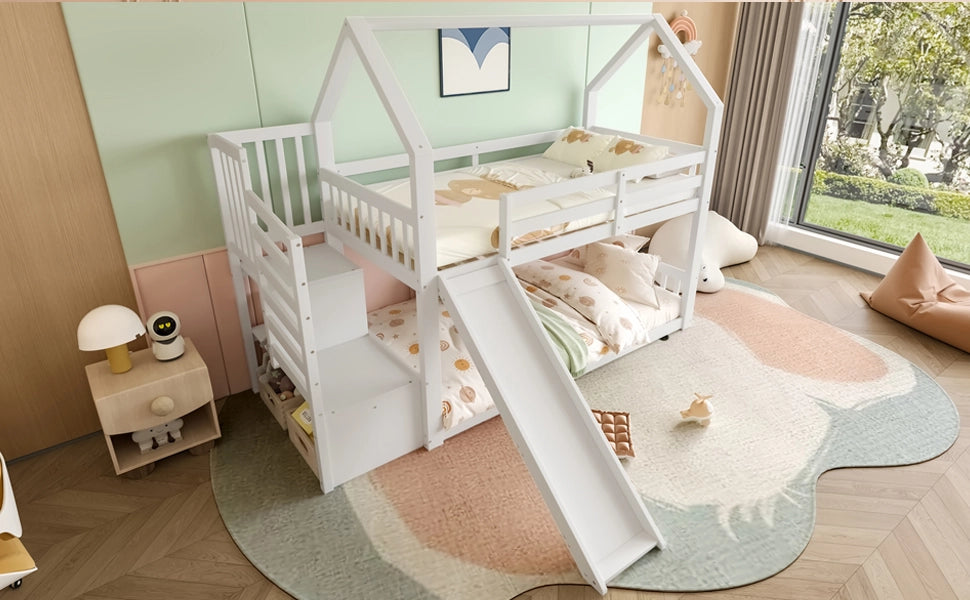 DESMIU Lit a castello casetta 90 × 200 cm 2 posti con scivolo e contenitore, senza materasso, bianco