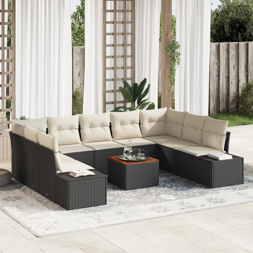 Set di SofÃ  da Giardino 10 Pezzi con Cuscini Nero Polyrattan Acacia