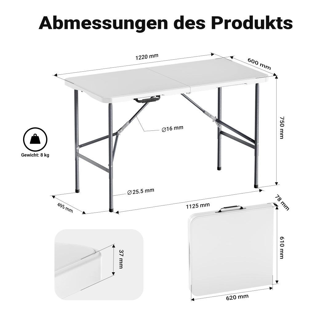 Tavolo da campeggio richiudibile 122x60x75cm bianco per giardino esterno