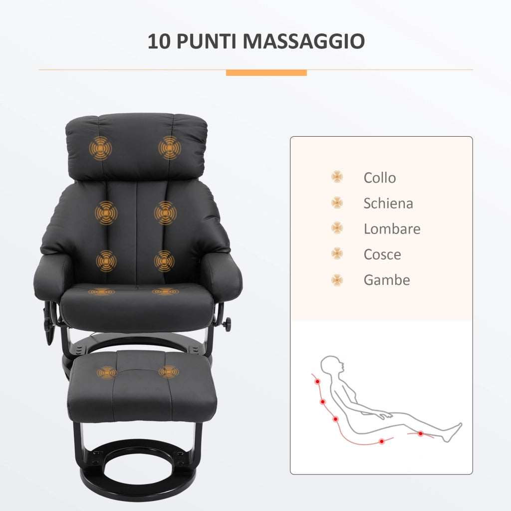 EasyComfort Poltrona Relax Reclinabile e Massaggiante con Pouf Poggiapiedi e Telecomando, 76x80x102 cm Nero