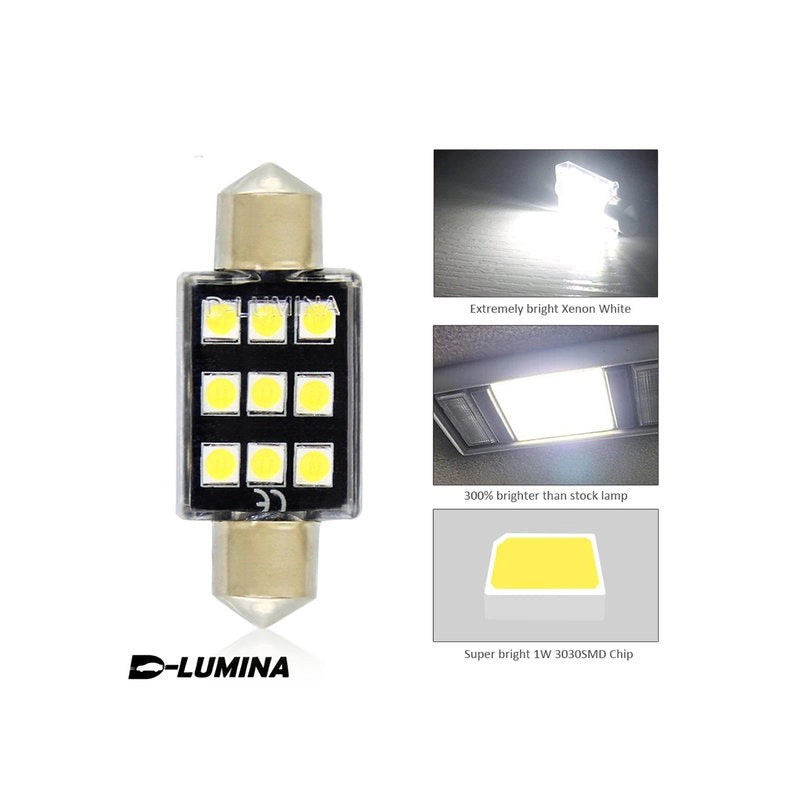 4 Lampade LED T11 Canbus 41mm 12V 2W con 6 SMD 3030 Bianco 6000K No Polarità