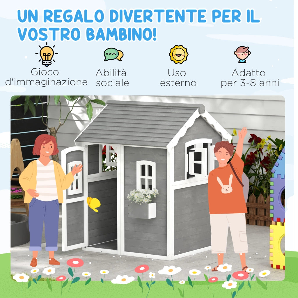 Casetta per Bambini 3-8 Anni con 6 Finestre e Fioriera, in Legno di Abete, 104.5x110x137 cm, Grigia