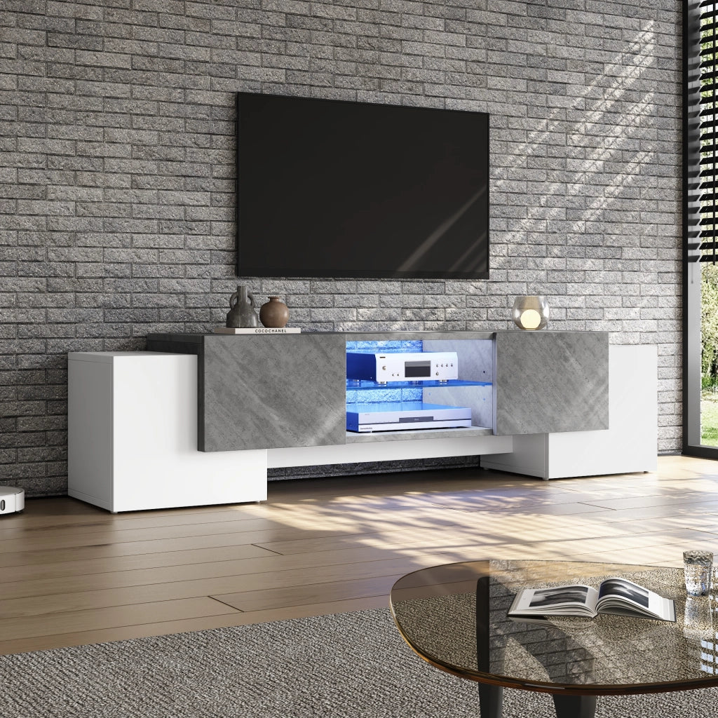 Mobile porta TV con LED, 4 ante, 3 vani e ripiani in vetro, per soggiorno, in MDF, bianco e grigio, 180 × 40 × 46,5 cm