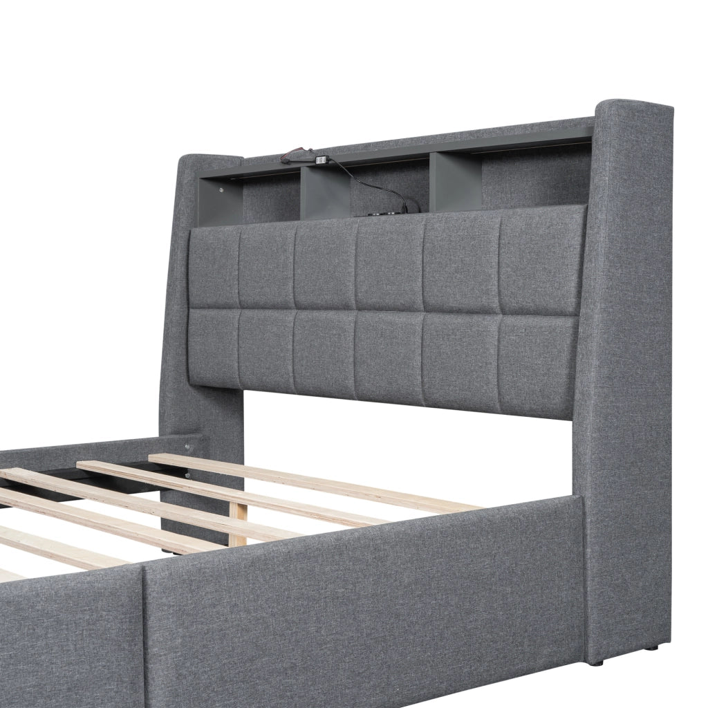 Letto imbottito 140×200 cm grigio in lino con LED, USB, cassetti e vano contenitore