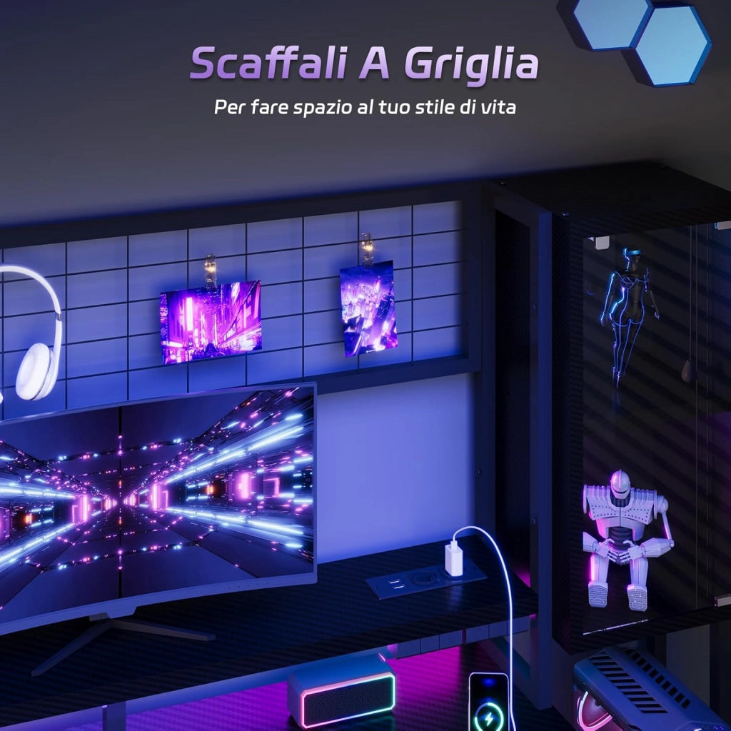 Scrivania Da Gaming Angolare Con LED E Prese, 120 cm, Arredamento Per Ufficio, Con Ganci E 2 Cassetti In Tessuto, Ideale Per il Telelavoro E I Videogiochi, Nera