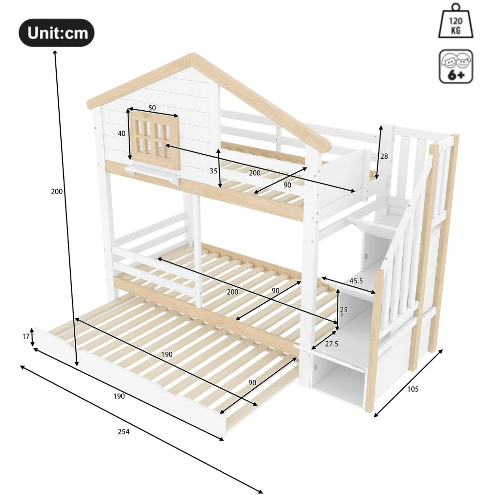 Letto a castello 90x200 con letto estraibile e scala contenitore