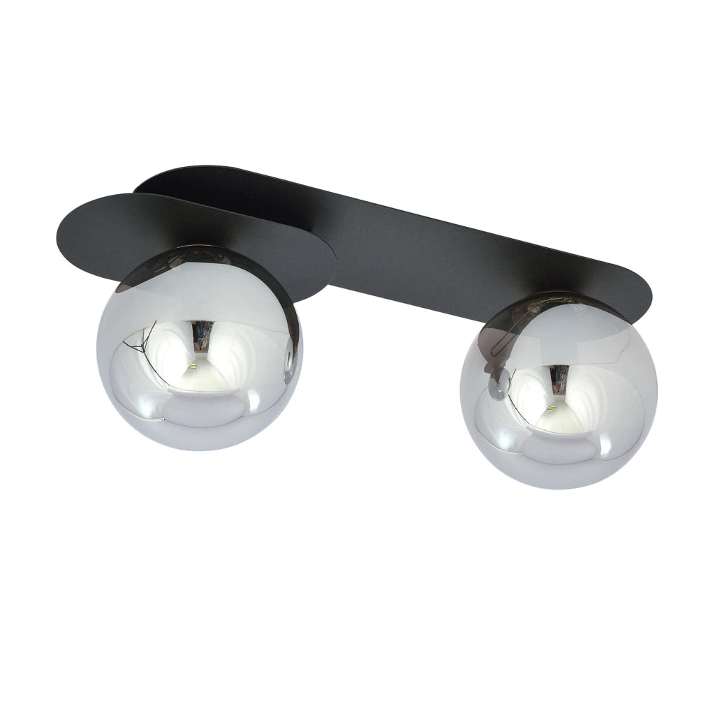 Plafoniera Minimal 2 Luci Teia In Acciaio Nero E Sfere Vetro Fumè