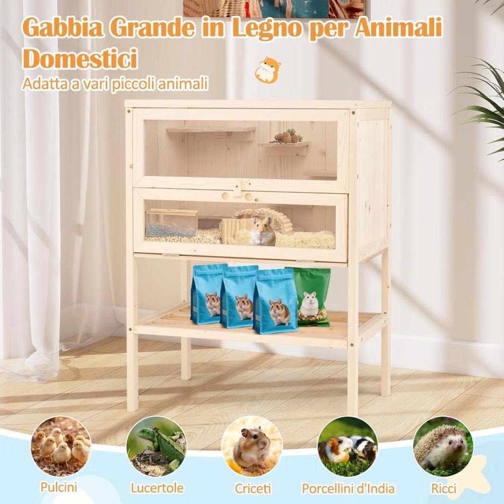 Gabbia per Criceti, Gabbia Criceti in Legno con Tetto a Rete, Aree Multiscala, Rampe, Ripiano Inferiore, Pannello in Acrilico, Porta Bloccabile, 60 x 40 x 80 cm