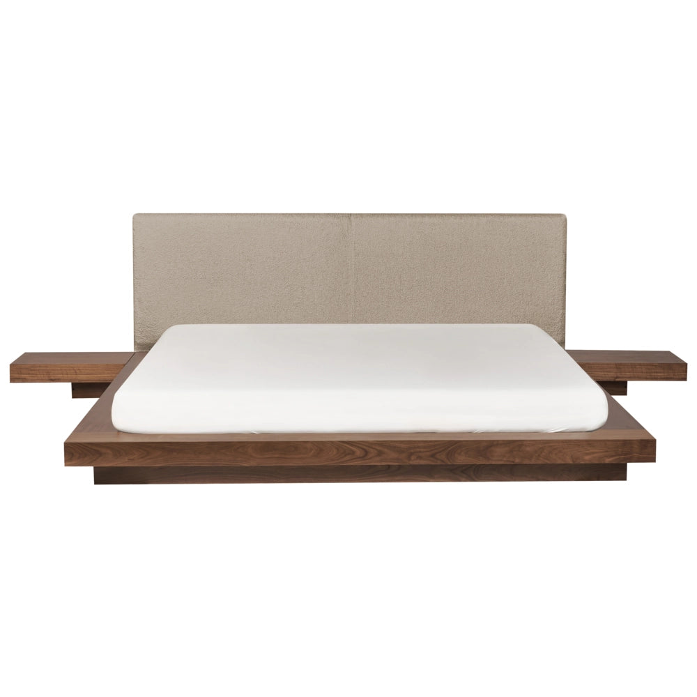 Letto matrimoniale ad acqua con testata e comodini in legno e tessuto bouclé tortora 180 x 200 cm stile giapponese