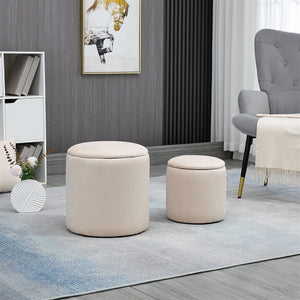 Set di 2 Pouf Contenitore Salvaspazio Rotondi e Imbottiti in Velluto a Coste Bianco