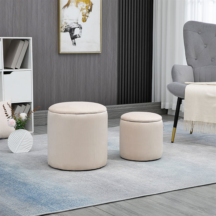 Set di 2 Pouf Contenitore Salvaspazio Rotondi e Imbottiti in Velluto a Coste Bianco