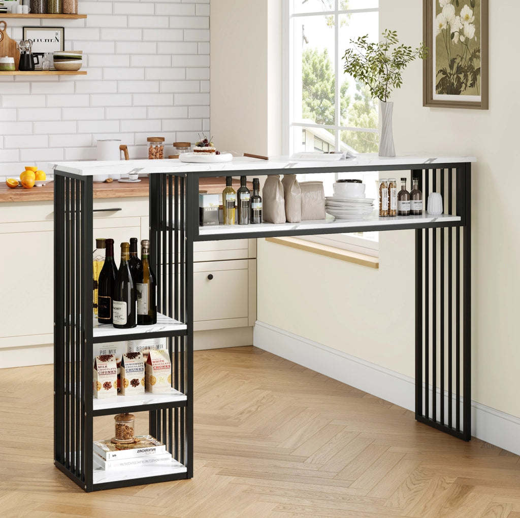Bartisch con contenitore 140x40x105 cm; piano effetto marmo in MDF; bianco e nero