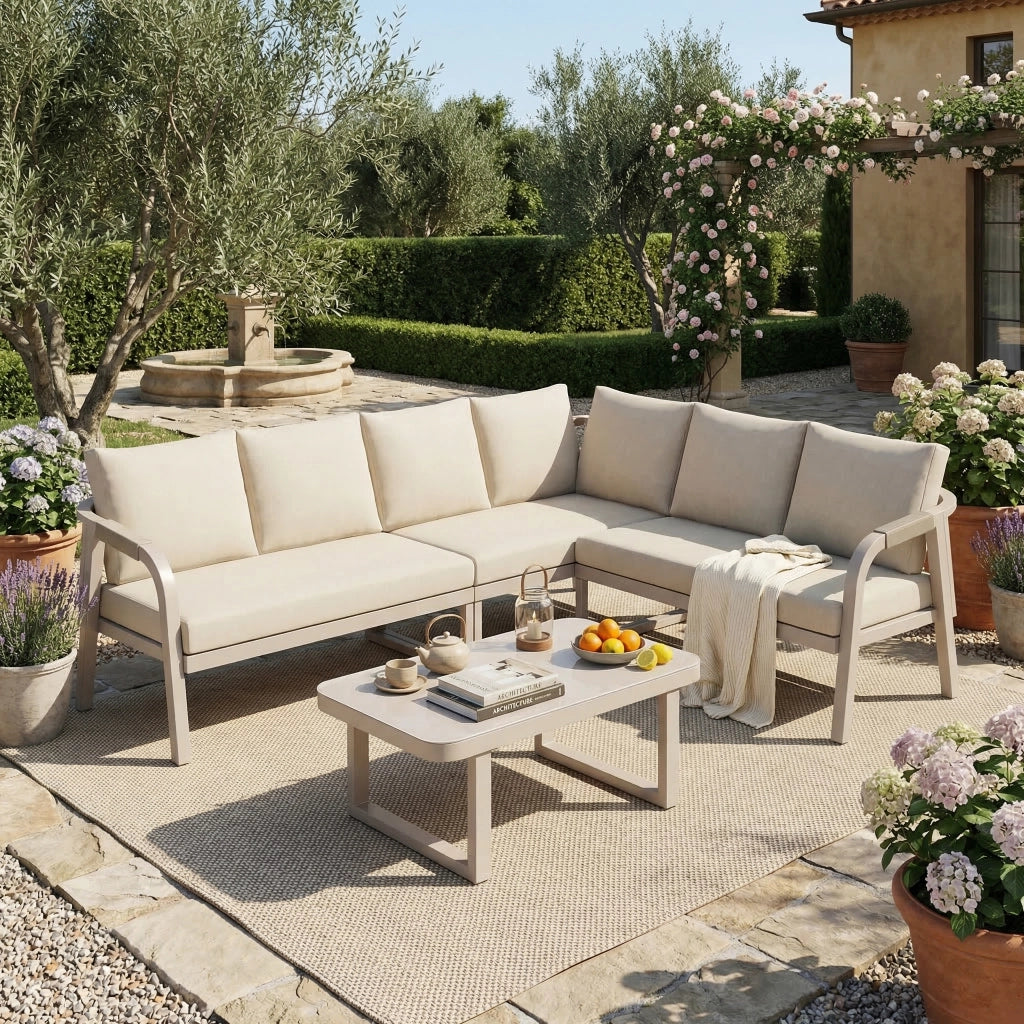 Set Divano Angolare da Giardino con Tavolino ¨C MINIMAL ¨C Polyrattan Beige, 6 Posti
