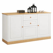 Credenza 135，5x39x76 cm bianca e legno， 3 ante e 2 cassetti