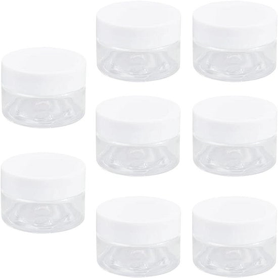Contenitori di viaggio in plastica di 8 pezzi, vuoti, trasparenti con coperchi a vite bianchi, contenitori rotondi con chiusura ermetica per creme e articoli da toeletta