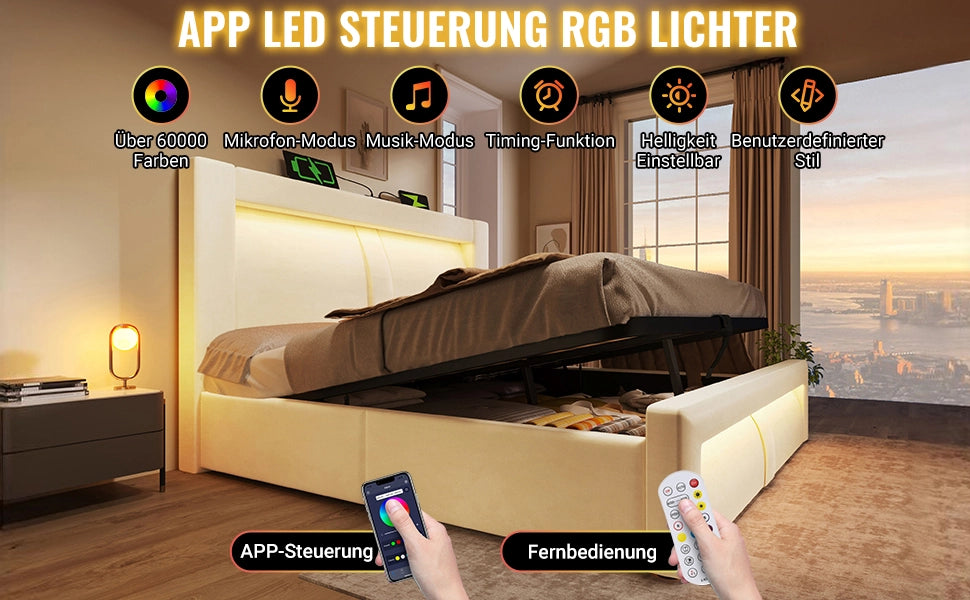 Letto matrimoniale 160x200 cm con contenitore, LED, porte USB e Type-C, velluto beige, con materasso