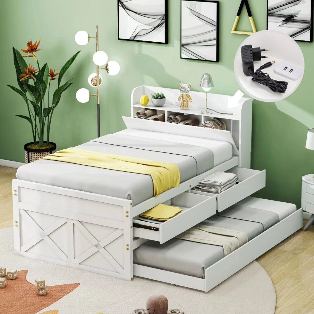 Letto singolo 90×190 cm con rete; letto estraibile; 2 cassetti; USB; senza materasso; legno massiccio; bianco