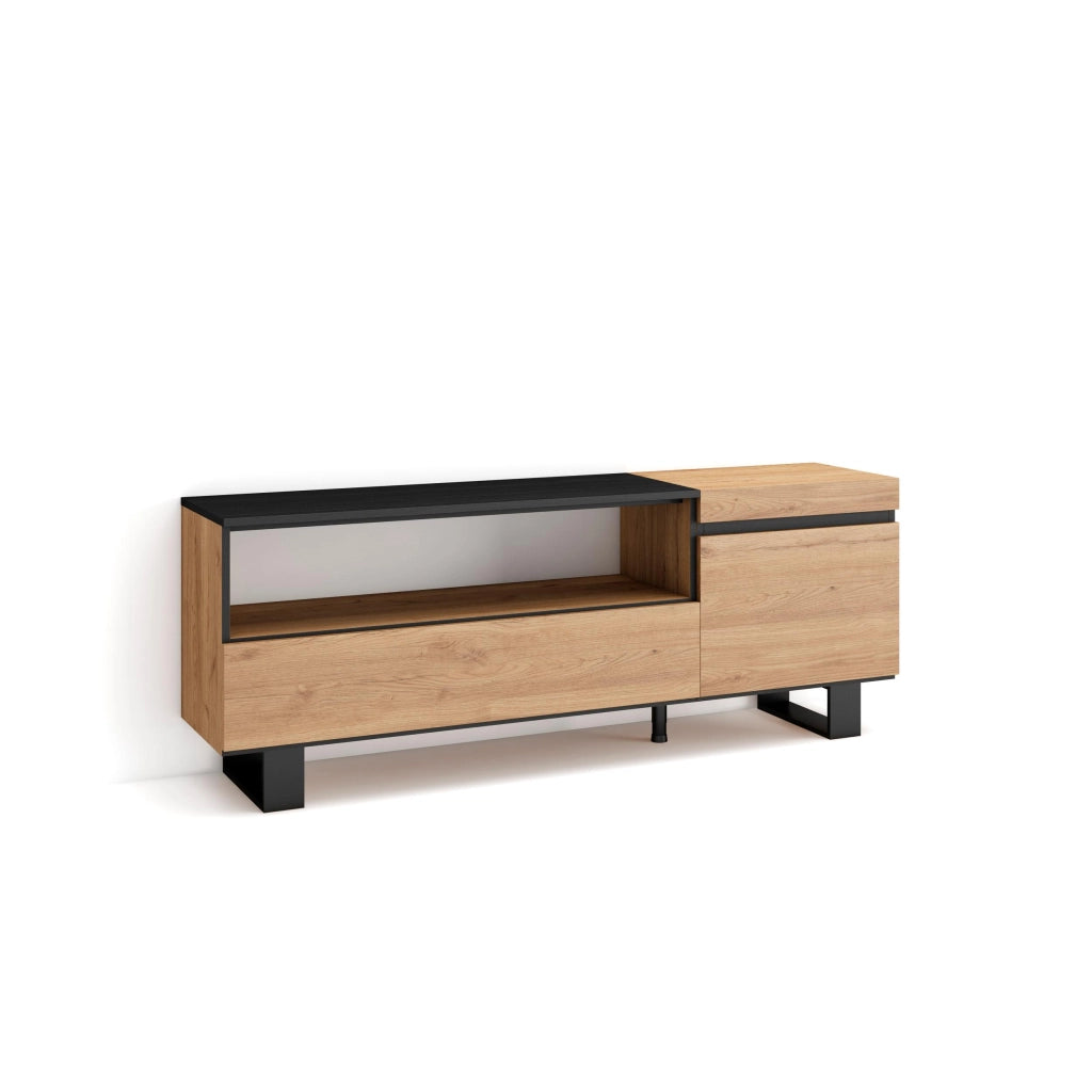 Mobile TV Soggiorno, 150x35x57cm, Per TV fino a 65", Design industriale, colore Rovere e nero RF2428