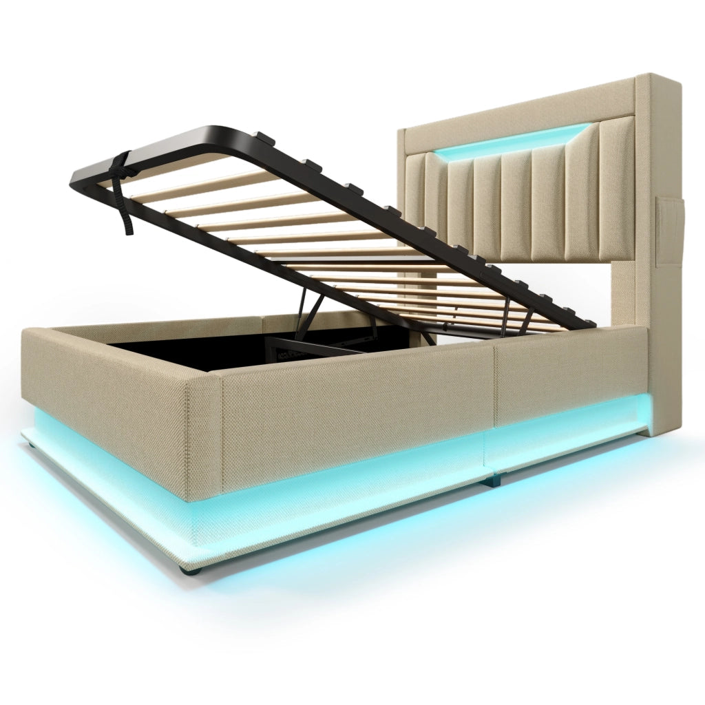 Letto singolo imbottito 90x200 cm con LED, testiera con USB e Type-C, beige