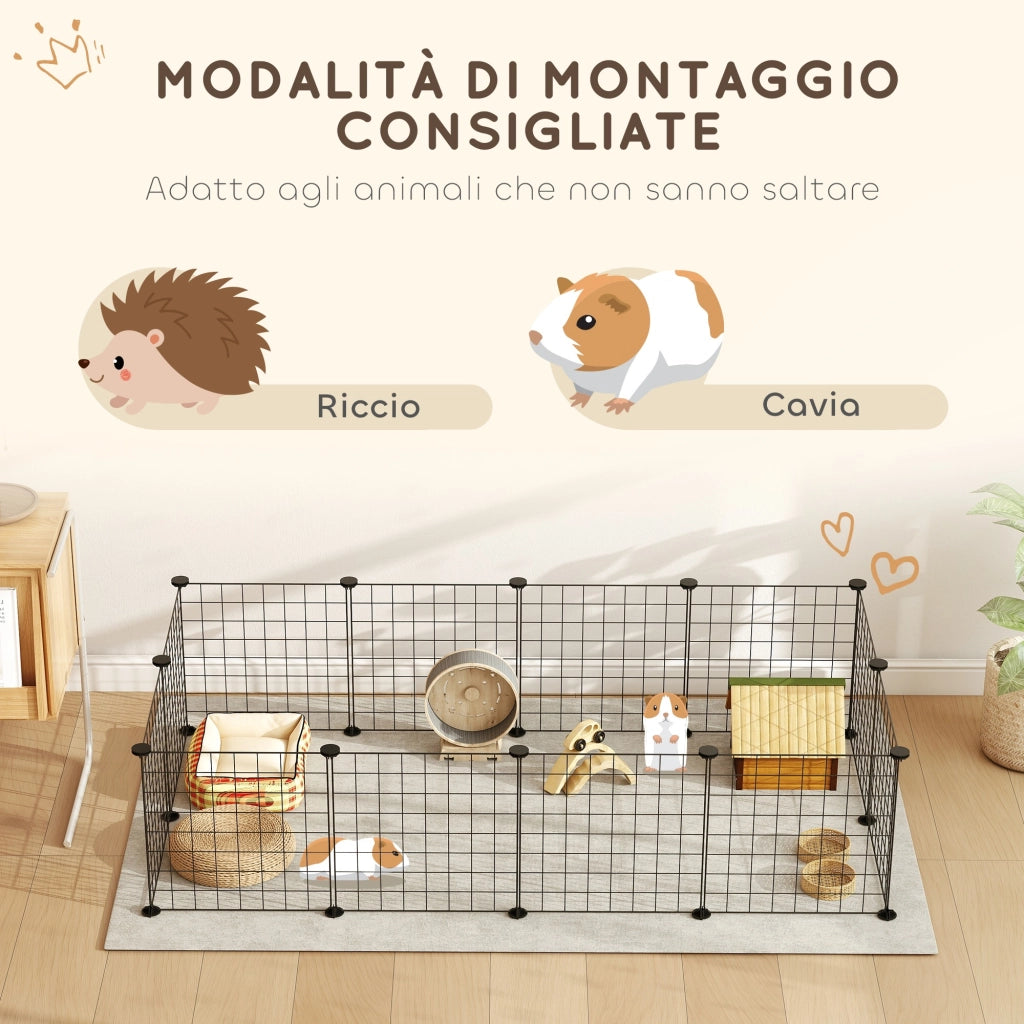 EasyComfort Recinto per Animali di Piccola Taglia Modulabile con Pannelli e Accessori, Gabbia per Ricci da Interno in Metallo, per Porcellini d'India e Ricci, 106x73x36 cm, Nero