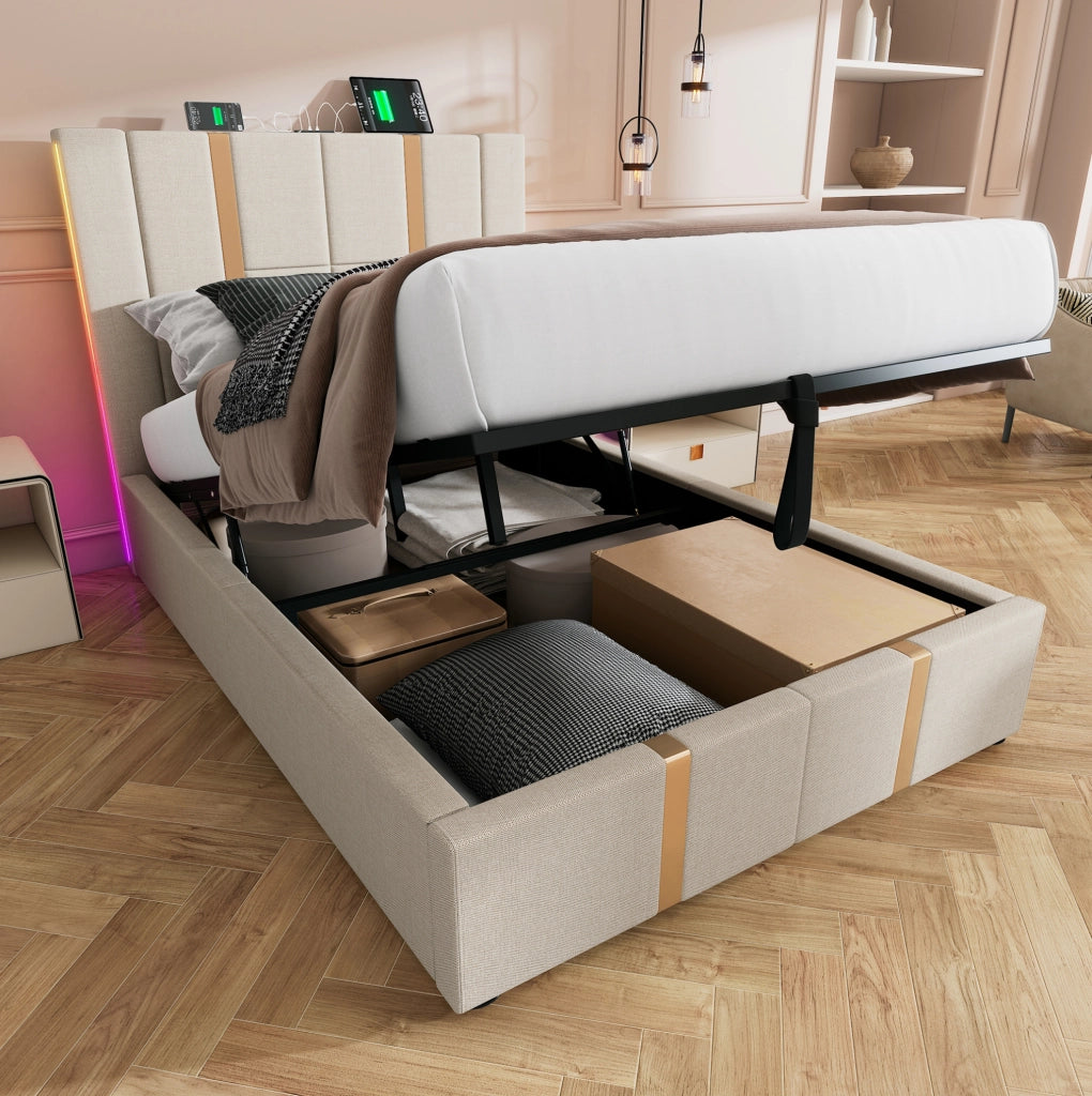 Letto imbottito 90x200 cm beige con materasso, LED e ricarica USB-C