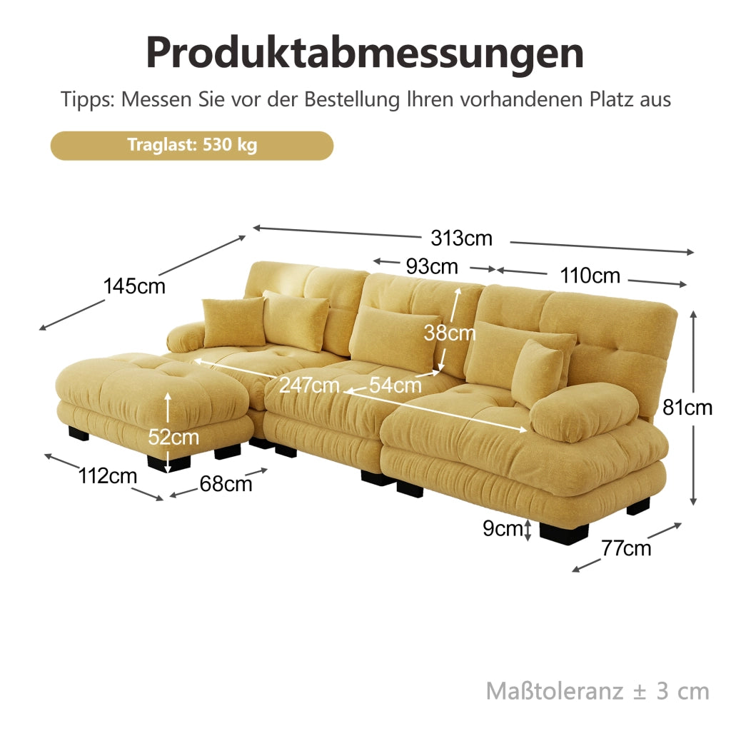 Divano modulare angolare con ottomane mobili 313x145x81 cm in ciniglia gialla