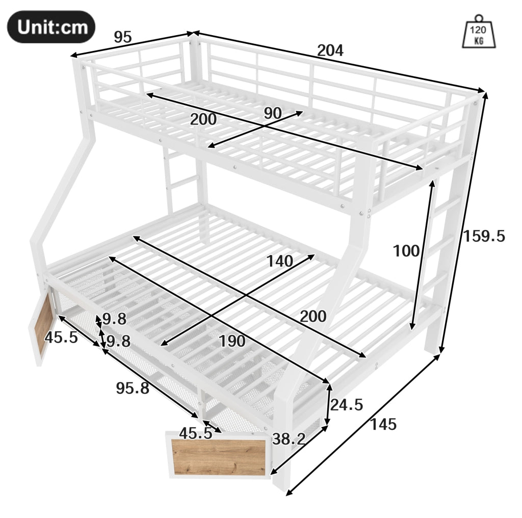 Letto a castello con scarpiera e vani contenitivi 90x200 / 140x200 cm