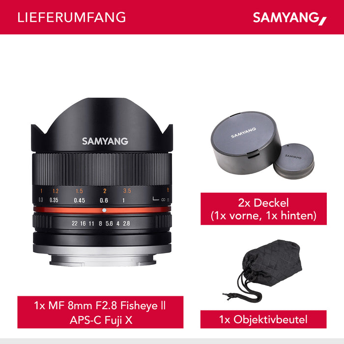 Obiettivo fisheye MF 8 mm II, compatibile con Fuji X, Lente fish eye grandangolare con angolo di campo di 180°, per sensore APS-C