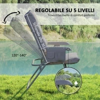 Sedia da Campeggio Pieghevole e Regolabile su 5 Livelli con Tasche Laterali, 66x58x105 cm, Grigio Chiaro