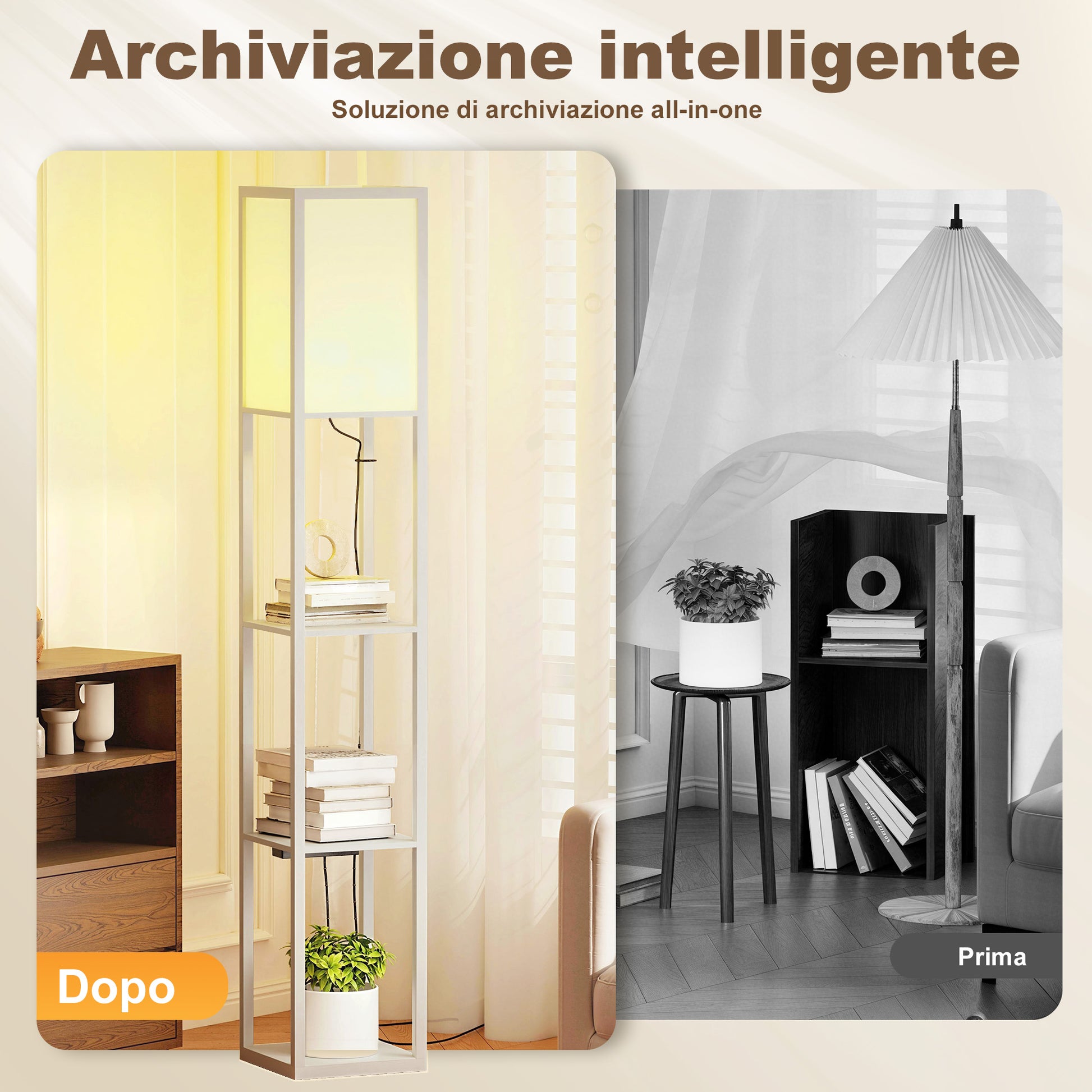 Lampada da Terra 26x26x160 cm Struttura con Ripiani Luce Regolabile Interruttore a Pedale e Porte USB in MDF Bianco