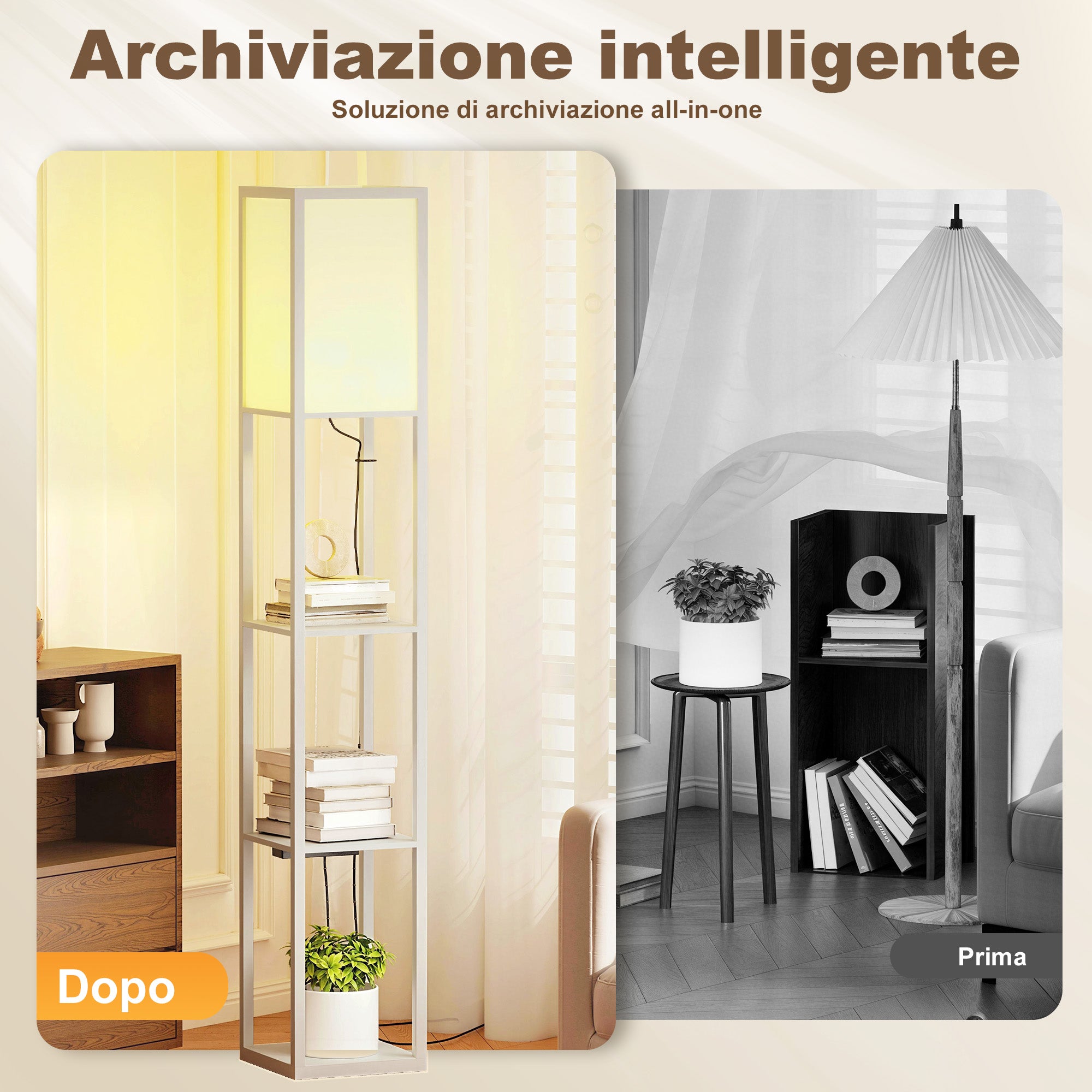 Lampada da Terra 26x26x160 cm Struttura con Ripiani Luce Regolabile Interruttore a Pedale e Porte USB in MDF Bianco