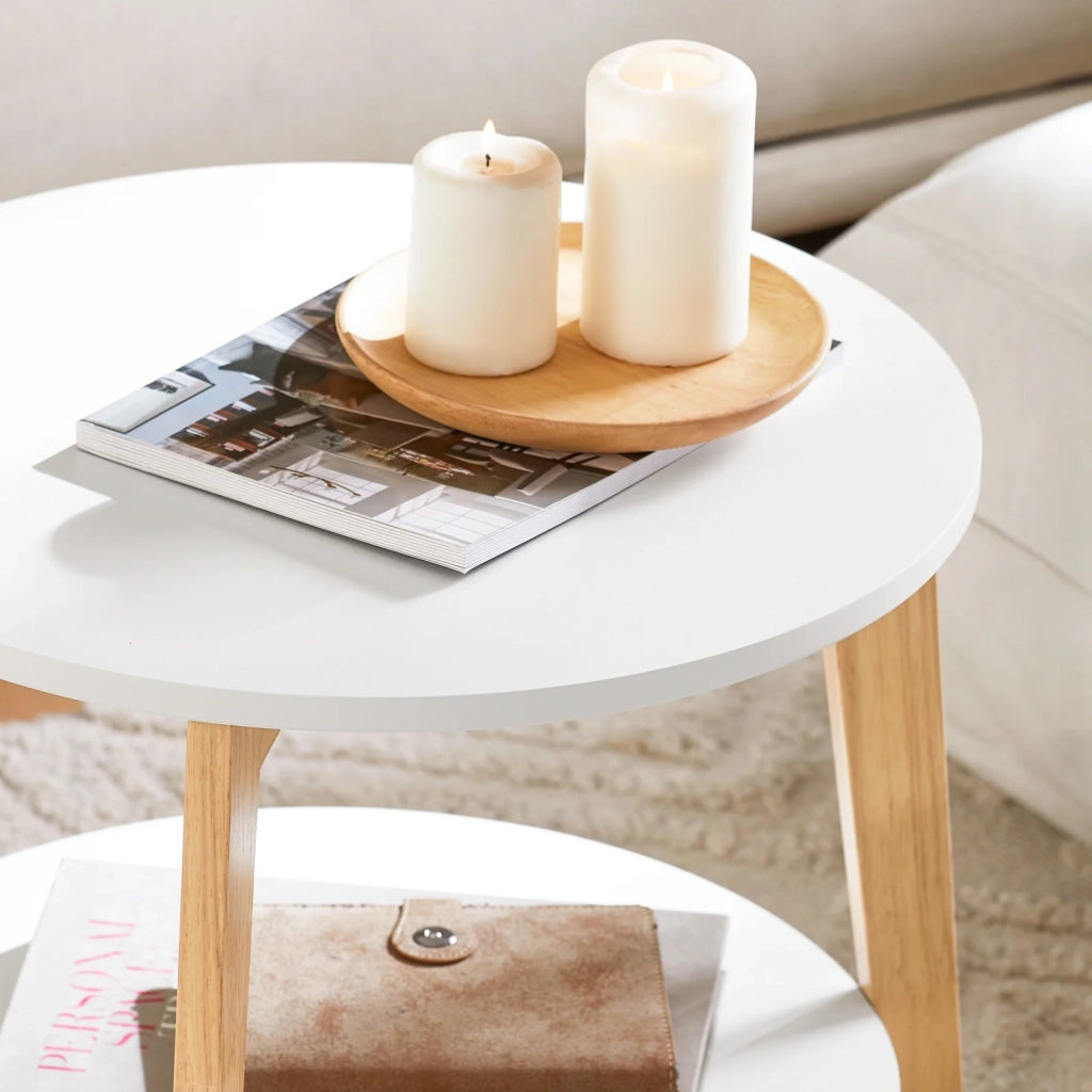 Set di 2 Tavolini Bassi da Salotto in Legno Massiccio di hevea e MDF con 4 Ripiani Bianco FBT75-W