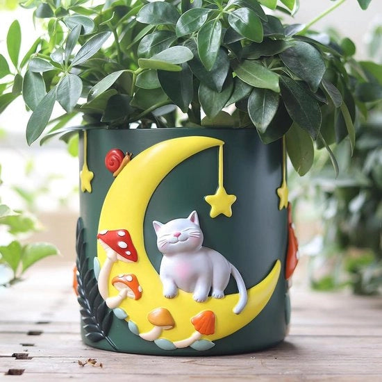 Vaso di fiori con disegno di gatti lunari - vaso per piante con pioggia e drenaggio
