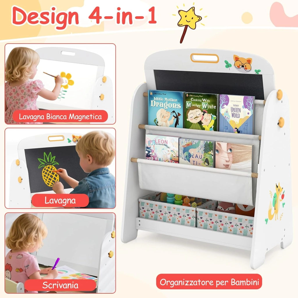 Set Tavolo e Sedia per Bambini, Lavagnetta Cancellabile Bambini con Sedia, Scaffale, 2 Contenitori in Tessuto, Gomma e Gessetti, Tavolino per Cameretta (Naturale)