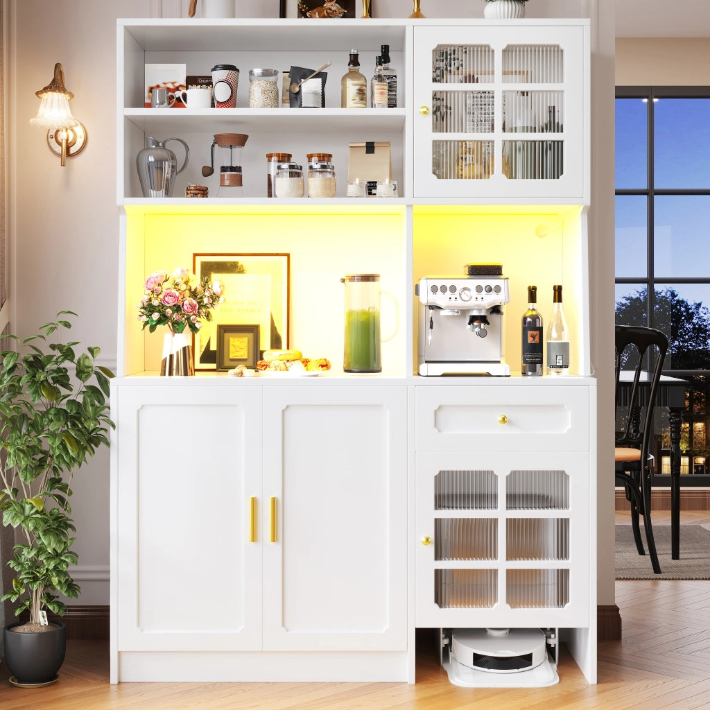 Credenza alta da cucina con LED, ante in vetro e spazio per robot aspirapolvere, bianca, 130 × 45 × 180 cm
