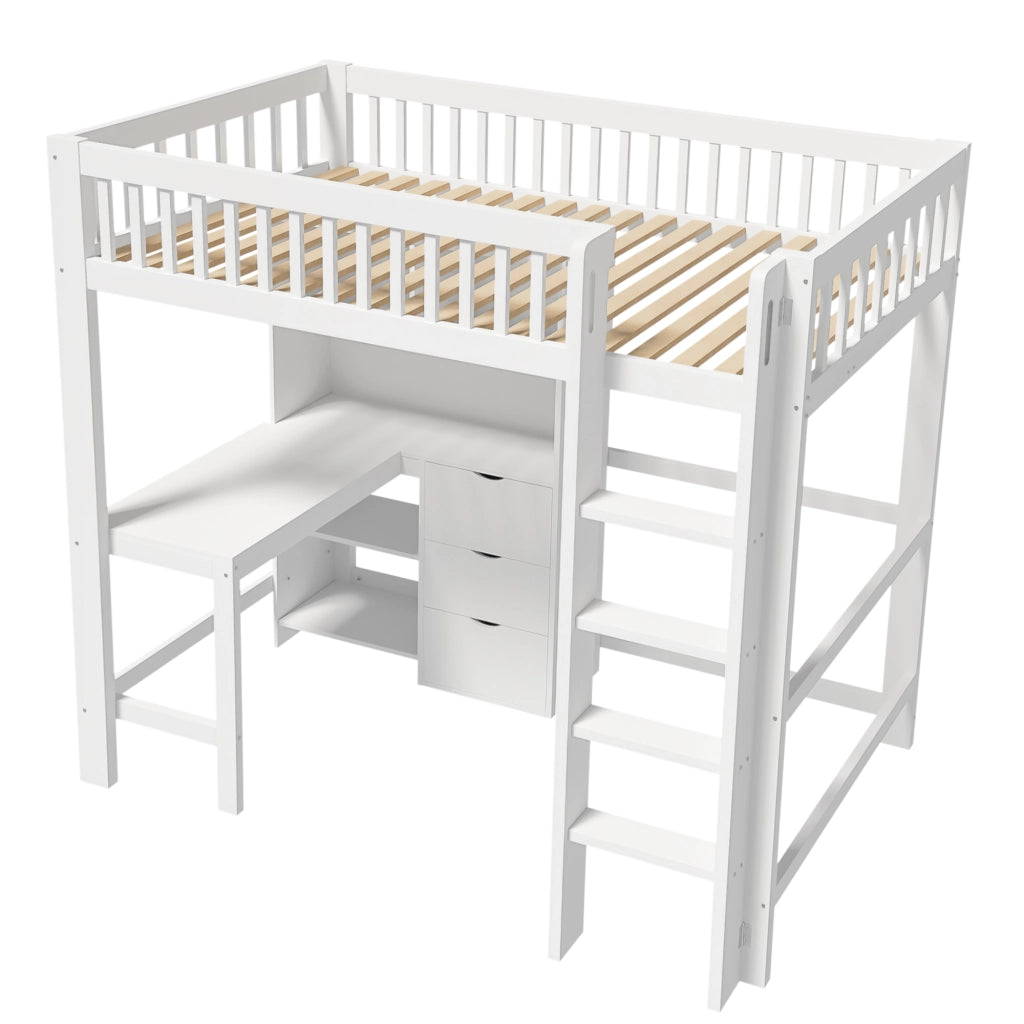 OKWISH Letto a Soppalco 90×200 cm, Letto Singolo con Scrivania, 3 Cassetti, Mensole e Scala, senza Materasso, in Pino, Bianco